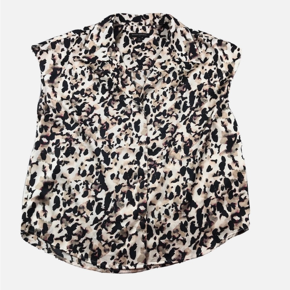 Banana Republic Shirt Womens XL Brown Leopard Satin Button Up Sleeveless Top